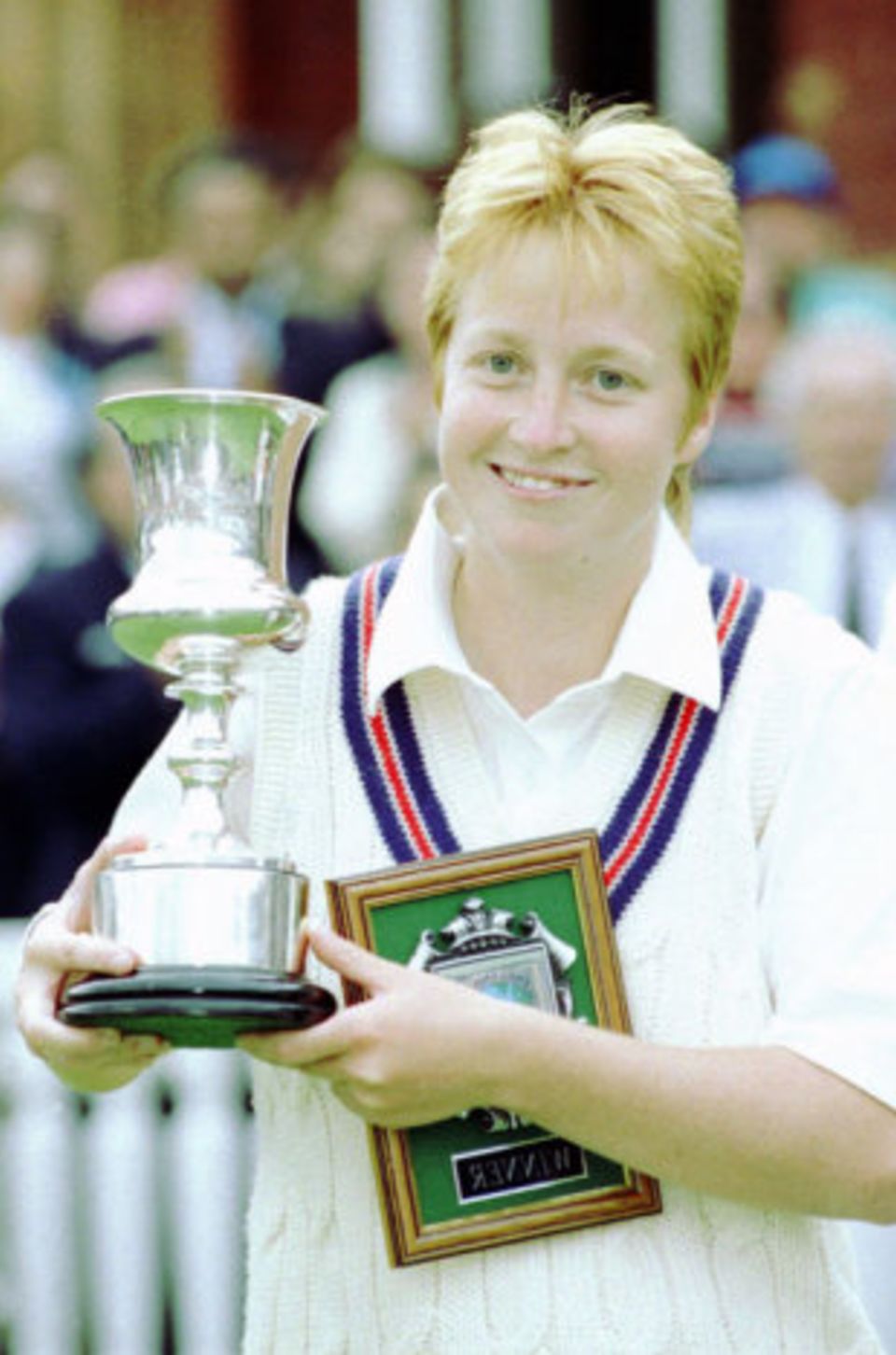 Karen Smithies poses with the World Cup after England's win
