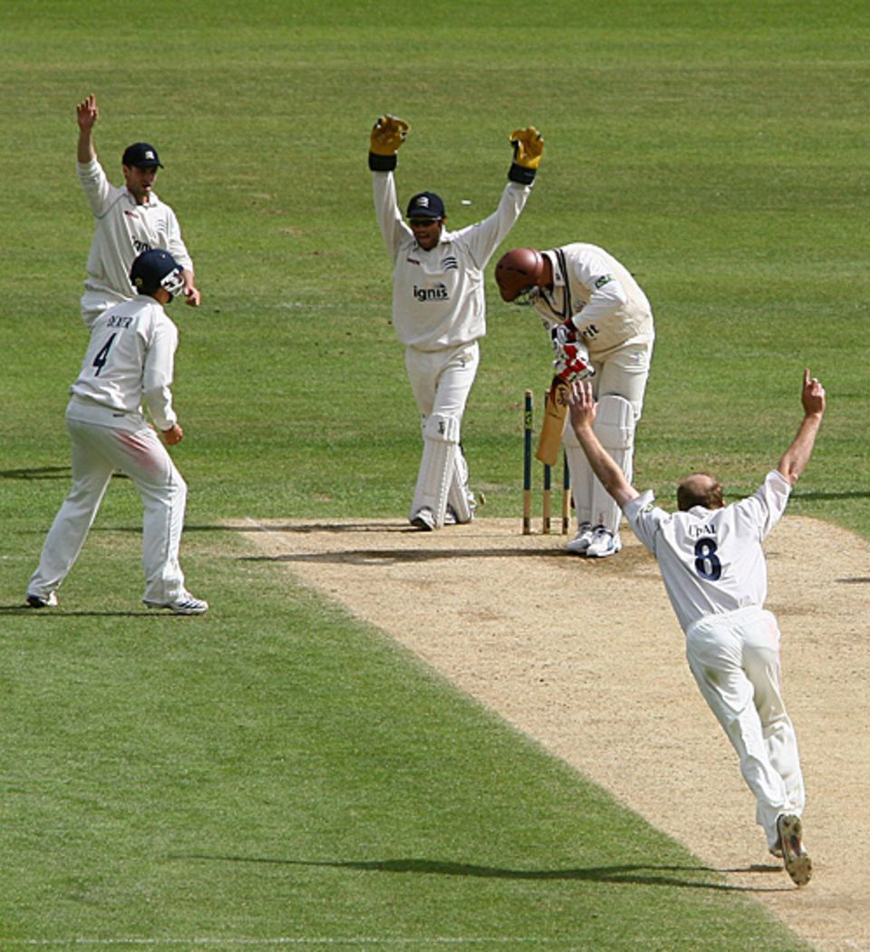 Shaun Udal bowls Andre Nel to grab his fifth wicket. He ended with 6 for 74