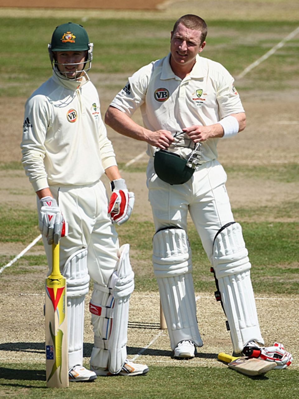 Michael Clarke and Brad Haddin take a breather during their stabilising sixth-wicket stand of 114