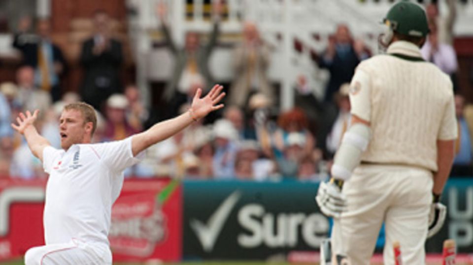 Andrew Flintoff celebrates his five-wicket haul in his last appearance in a Test at Lord's