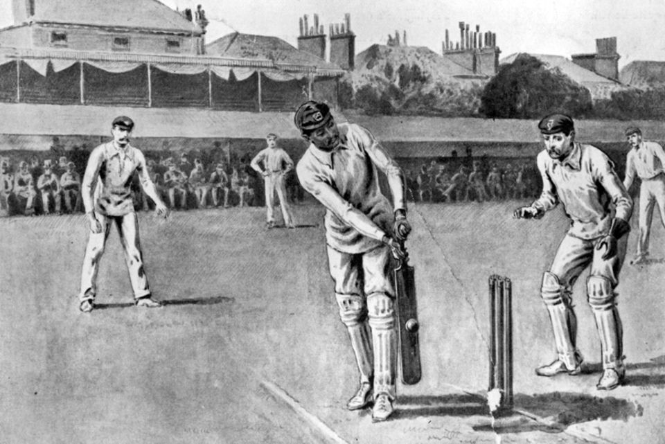 A portrait of Ranjitsinhji playing his favoured leg glance