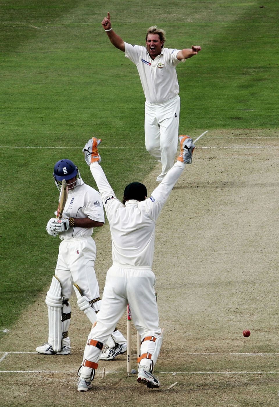 Warne bowls Andrew Strauss at Edgbaston in 2005 with a close relative of the delivery that got him his 700th Test wicket, in Melbourne a year and a half later, off the same batter