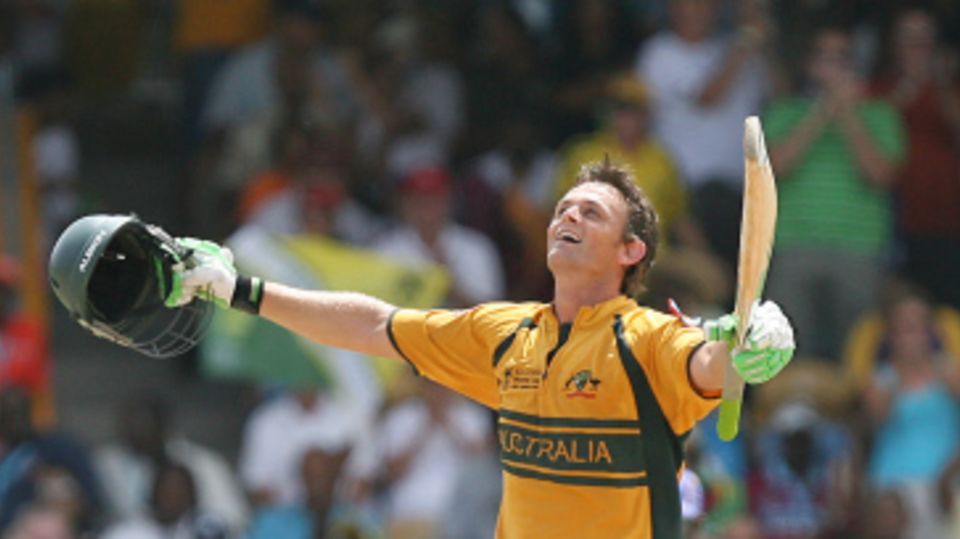 Adam Gilchrist celebrates smacking a 72-ball hundred