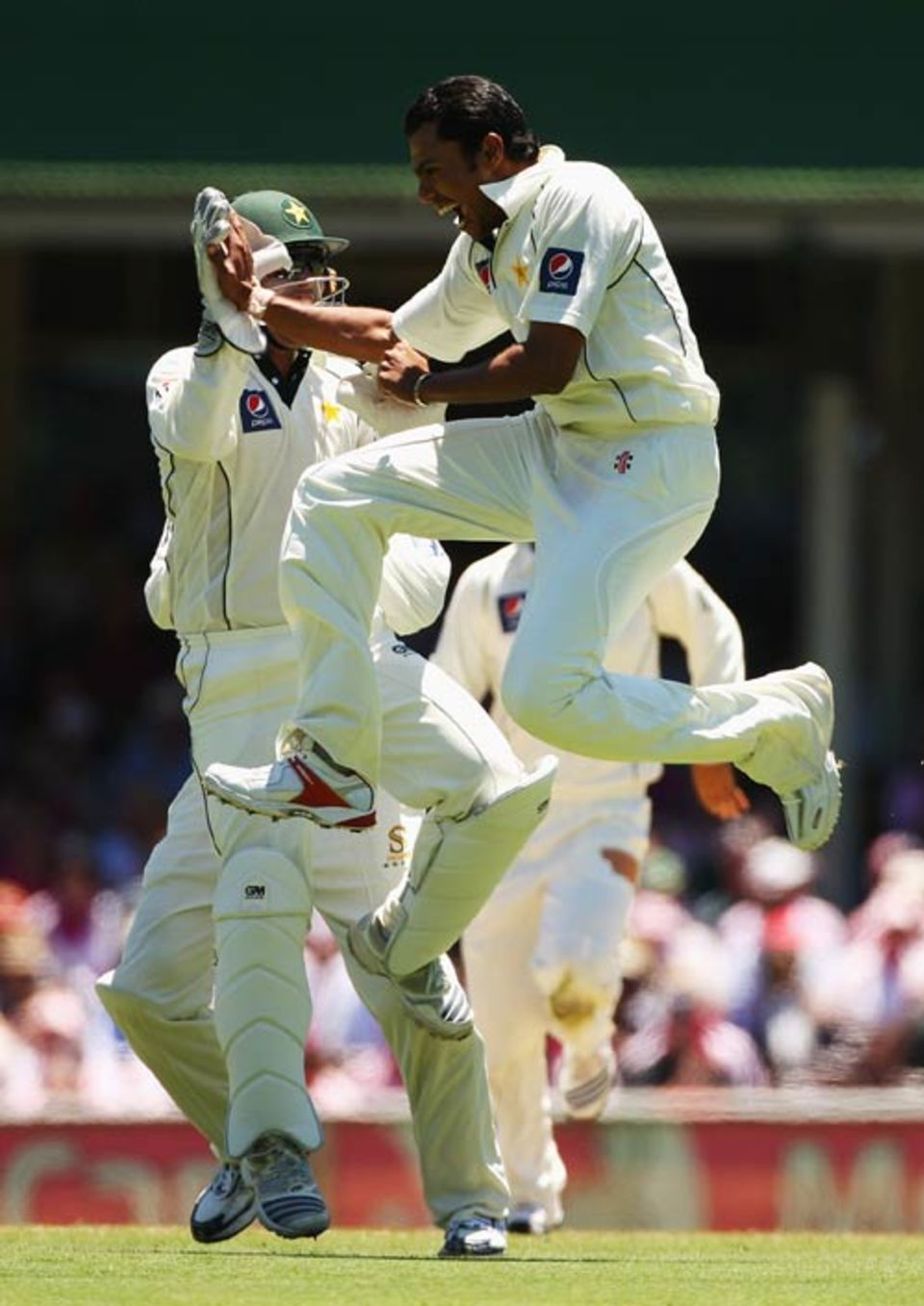 A very happy Danish Kaneria after removing Phillip Hughes