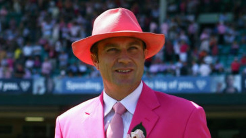 Michael Slater donned a pink suit in aid of the McGrath Foundation