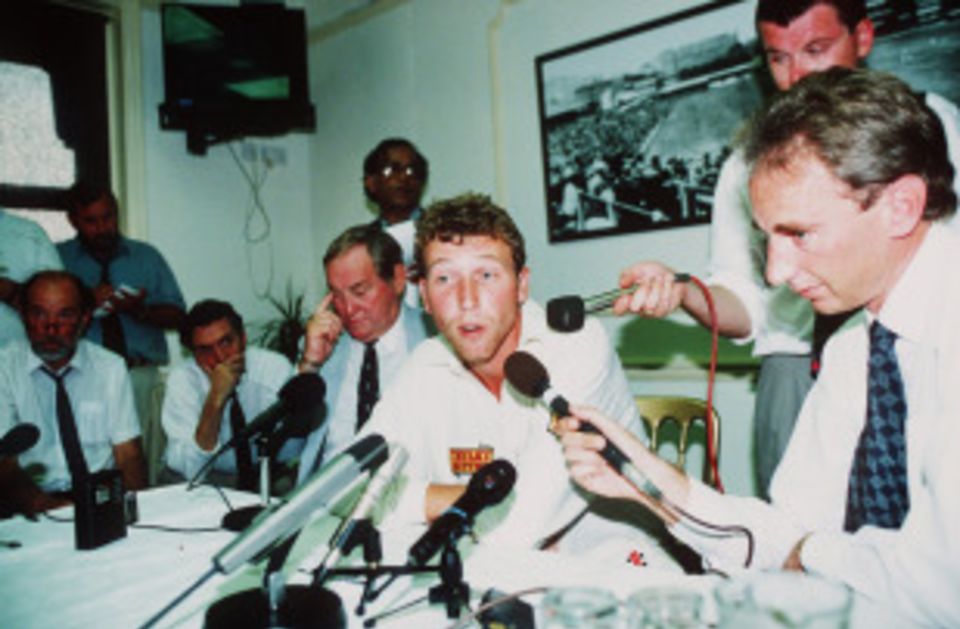 Mike Atherton faces up to the press after the dirt-in-the-pocket affair in 1994