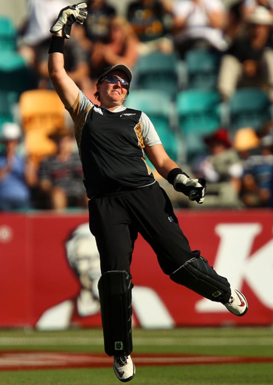 Rachel Priest celebrates her match-winning catch of Alyssa Healy