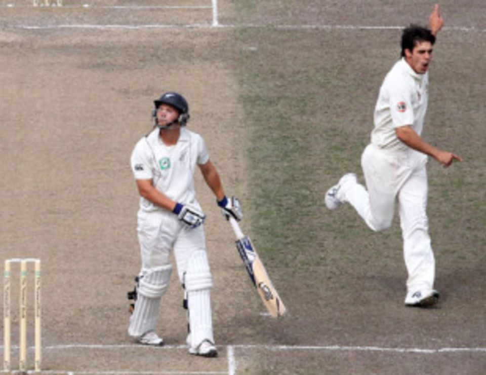 Mitchell Johnson is excited after removing BJ Watling on the way to figures of 3 for 39