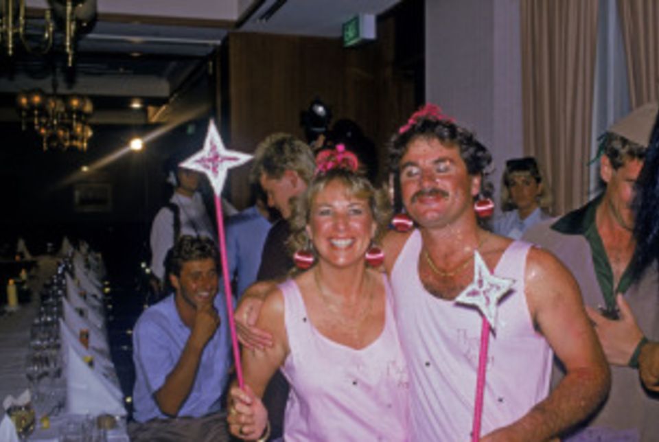 Allan Lamb and his wife dressed as plum fairies at a fancy dress party on the tour of Australia
