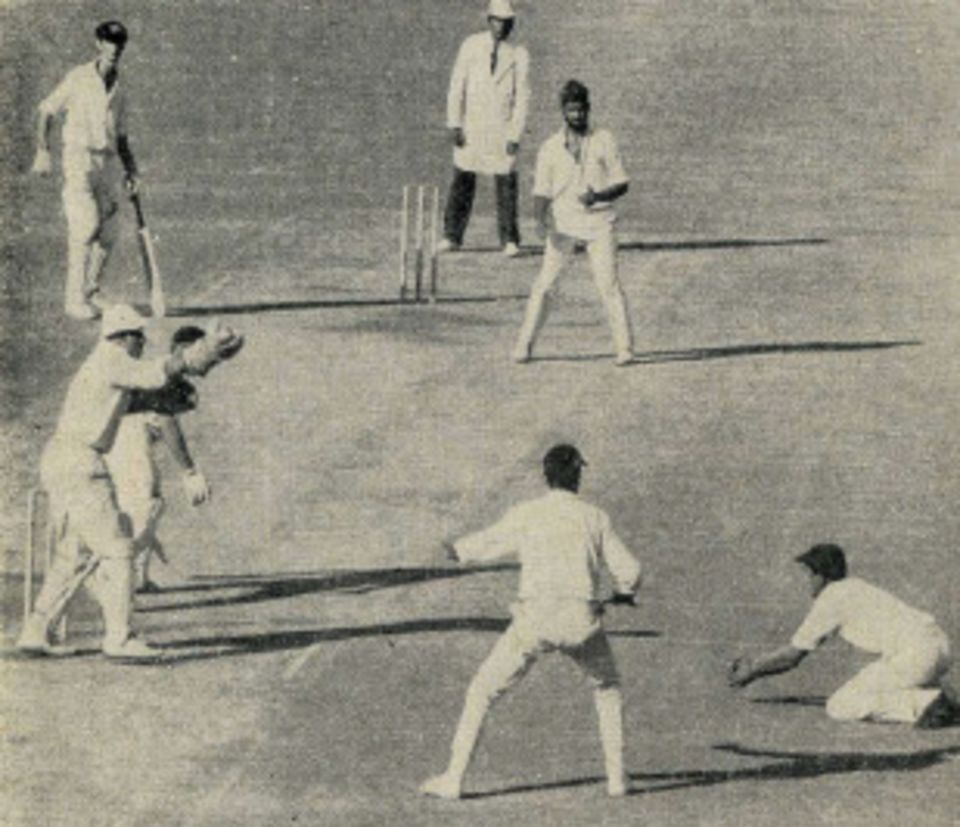 Eknath Solkar takes an excellent low catch to dismiss John Gleeson in Delhi, where India levelled the series
