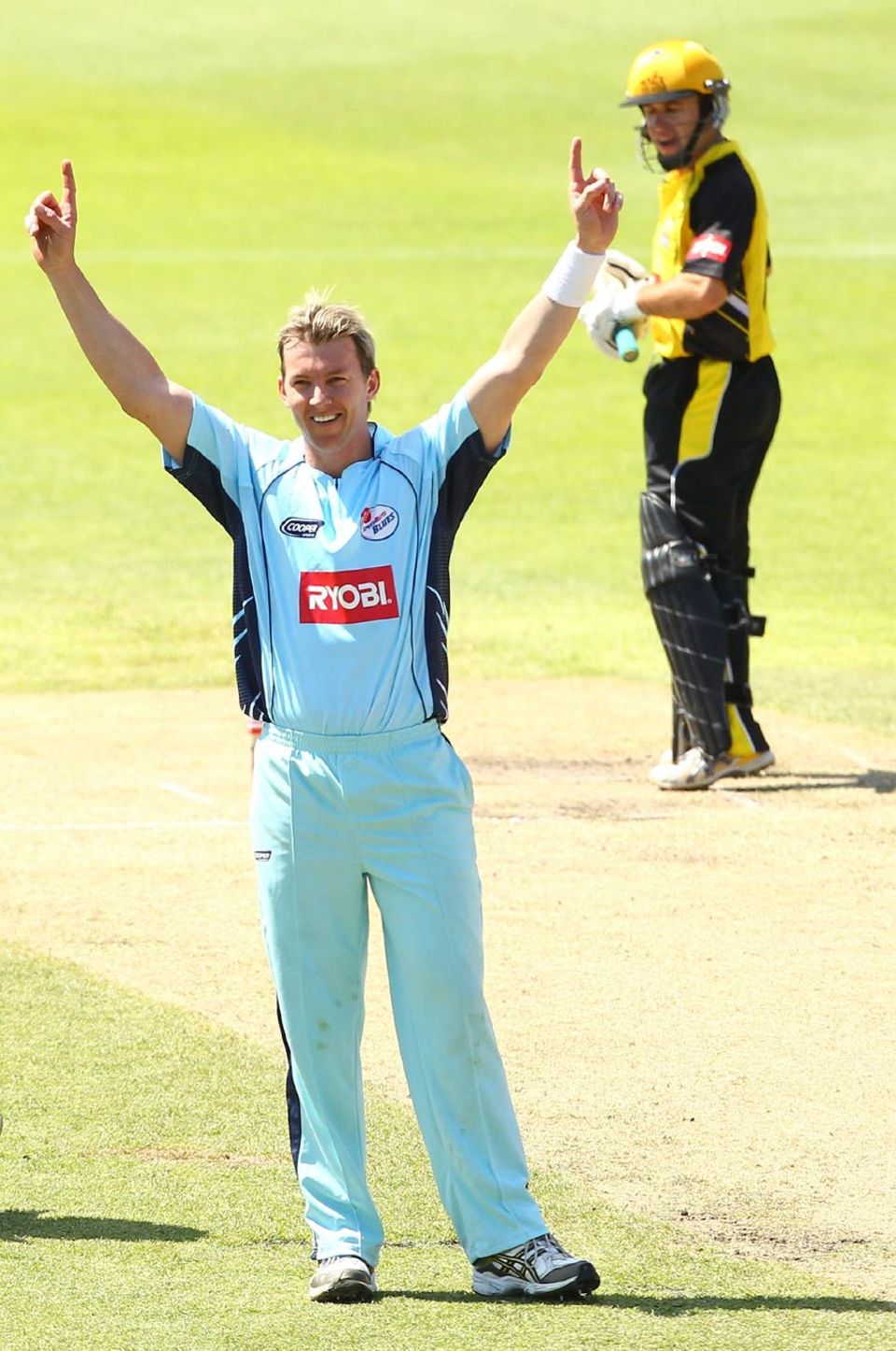Brett Lee celebrates a wicket