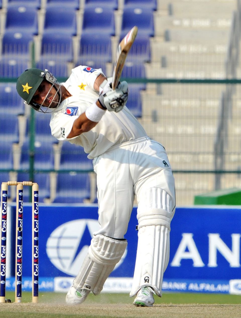 Misbah-ul-Haq hits a six off the last ball before tea