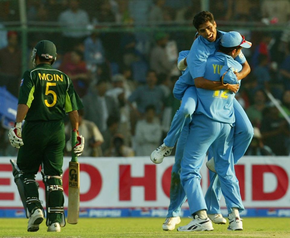 Moin Khan c Zaheer Khan b Ashish Nehra. India win by five runs