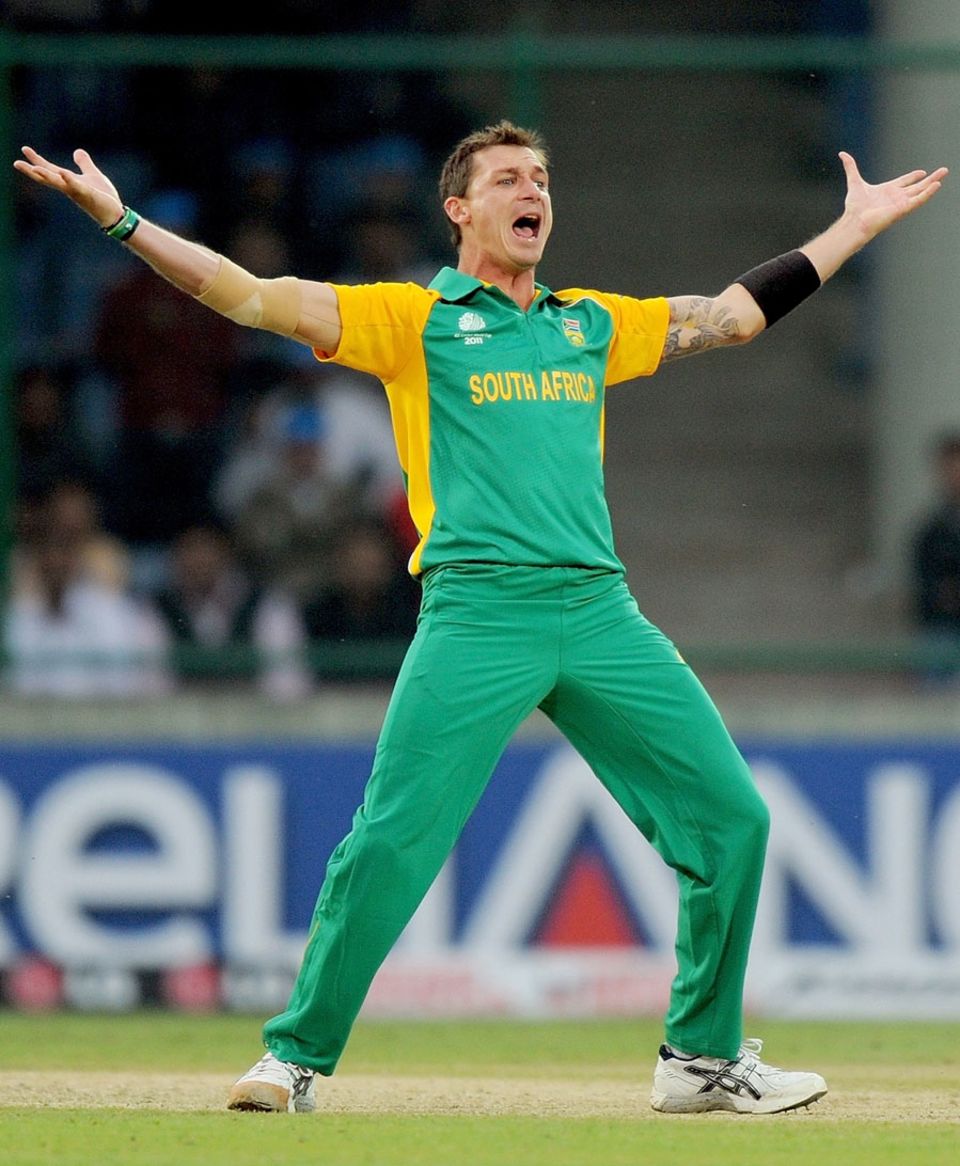 Dale Steyn celebrates knocking over Kieron Pollard for a golden duck