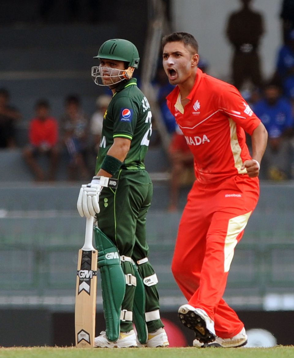 Harvir Baidwan celebrates the dismissal of Ahmed Shehzad