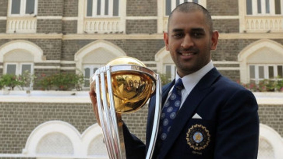 MS Dhoni with the World Cup trophy on the morning after the final