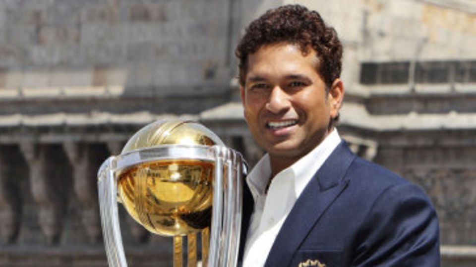Sachin Tendulkar with the World Cup on the morning after India's triumph