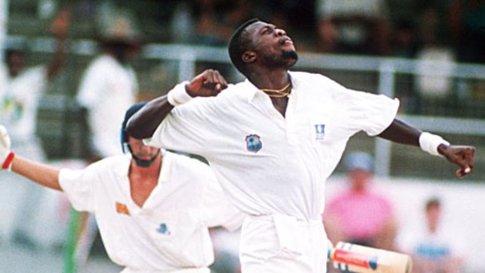 Curtly Ambrose traps Mike Atherton first ball for 0