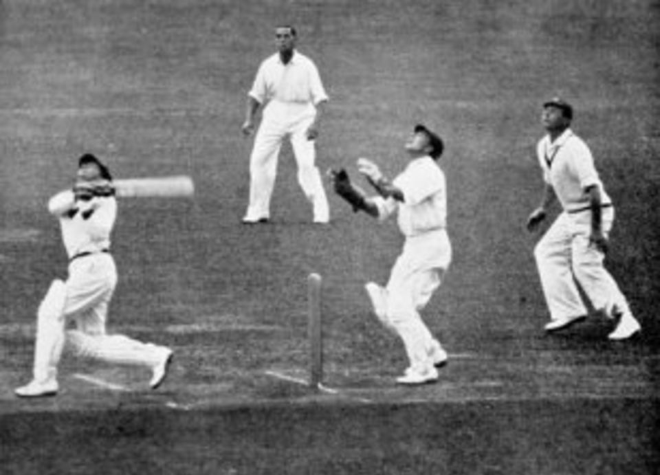 Don Bradman drives to drive Verity and is caught by Les Ames. Cardus wrote: 'Bradman stood aside, exposed in momentary embarrassment, like a dejected schoolboy'