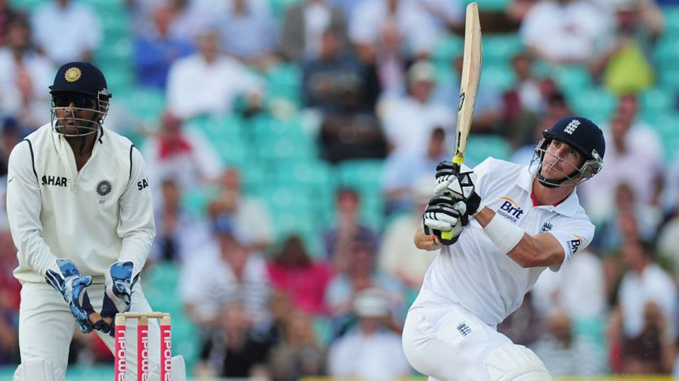 Kevin Pietersen watches his switch-hit go to the boundary
