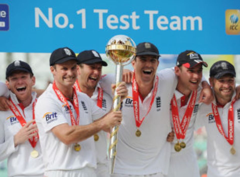 Downhill from here: England celebrate going No. 1 in the Test rankings after whitewashing India 4-0 in 2011