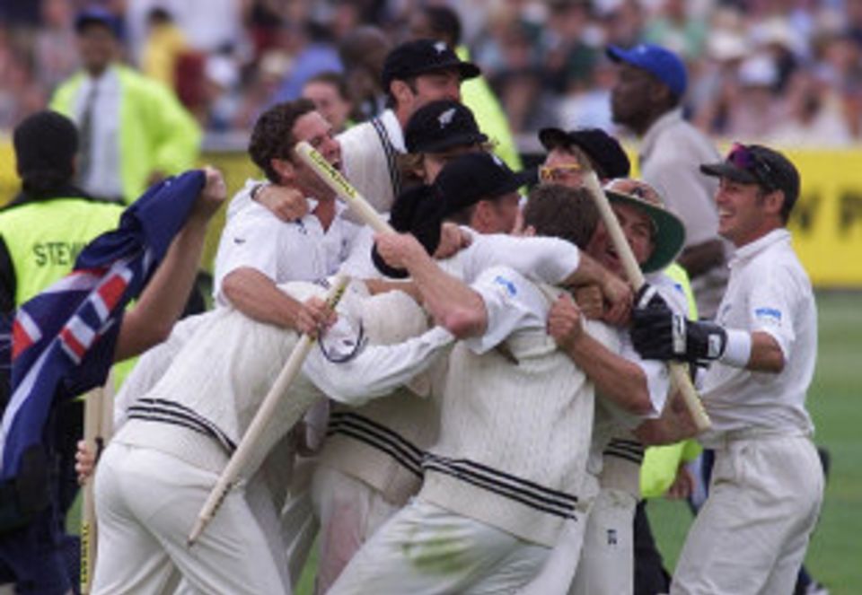New Zealand celebrate the victory that lifted them off the bottom of the Wisden Test rankings