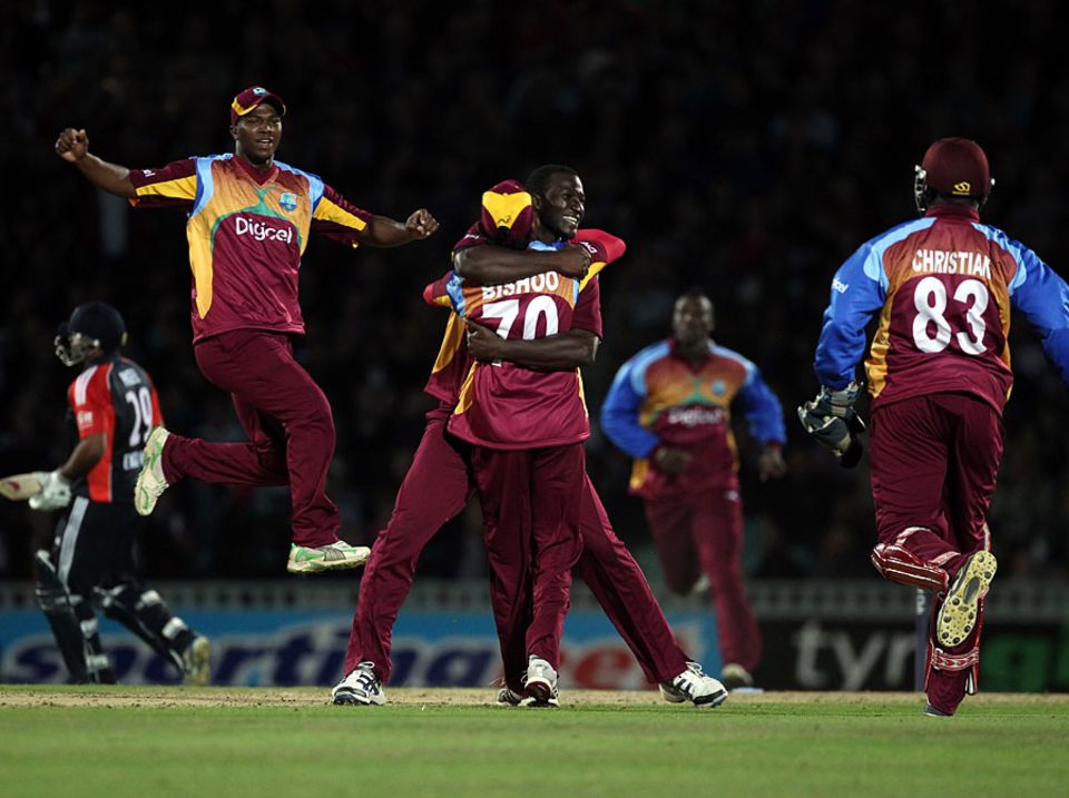 West Indies celebrate after Samit Patel is run out by a direct hit