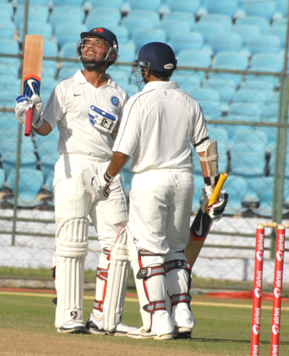 Ajinkya Rahane celebrates his hundred 