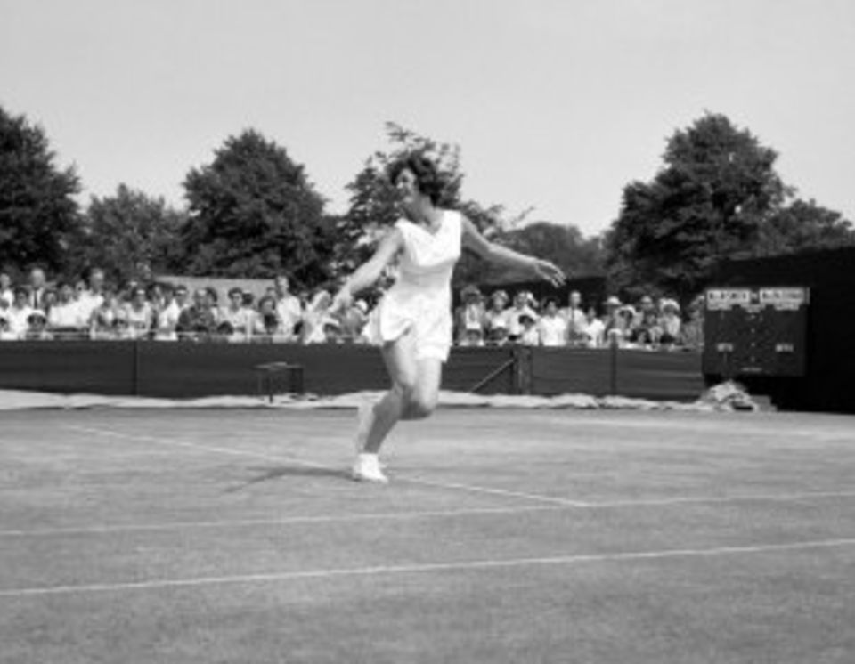 Pat Stewart, who married John Edrich, playing at Wimbledon in 1961