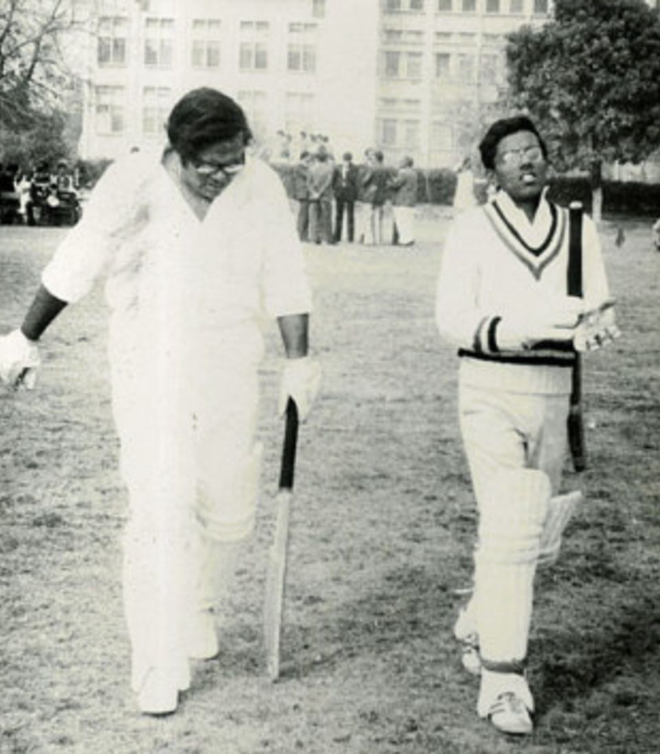 A 20-year-old Patherya (right) walks out with Rajan Bala to open the innings for Indian Journalists in Faisalabad, 1982