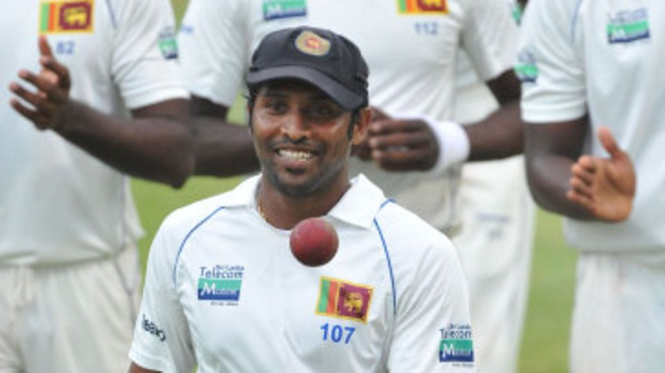 Chanaka Welegedara keeps the ball after his five-for