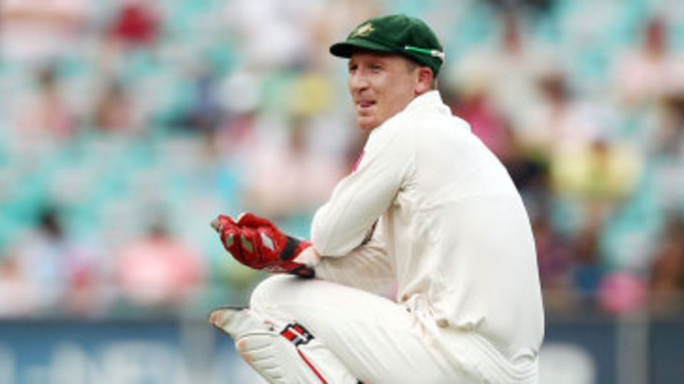 Brad Haddin reacts after dropping Gautam Gambhir