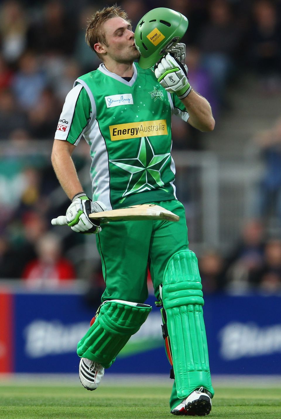 Luke Wright kisses his Melbourne Stars helmet after reaching his hundred