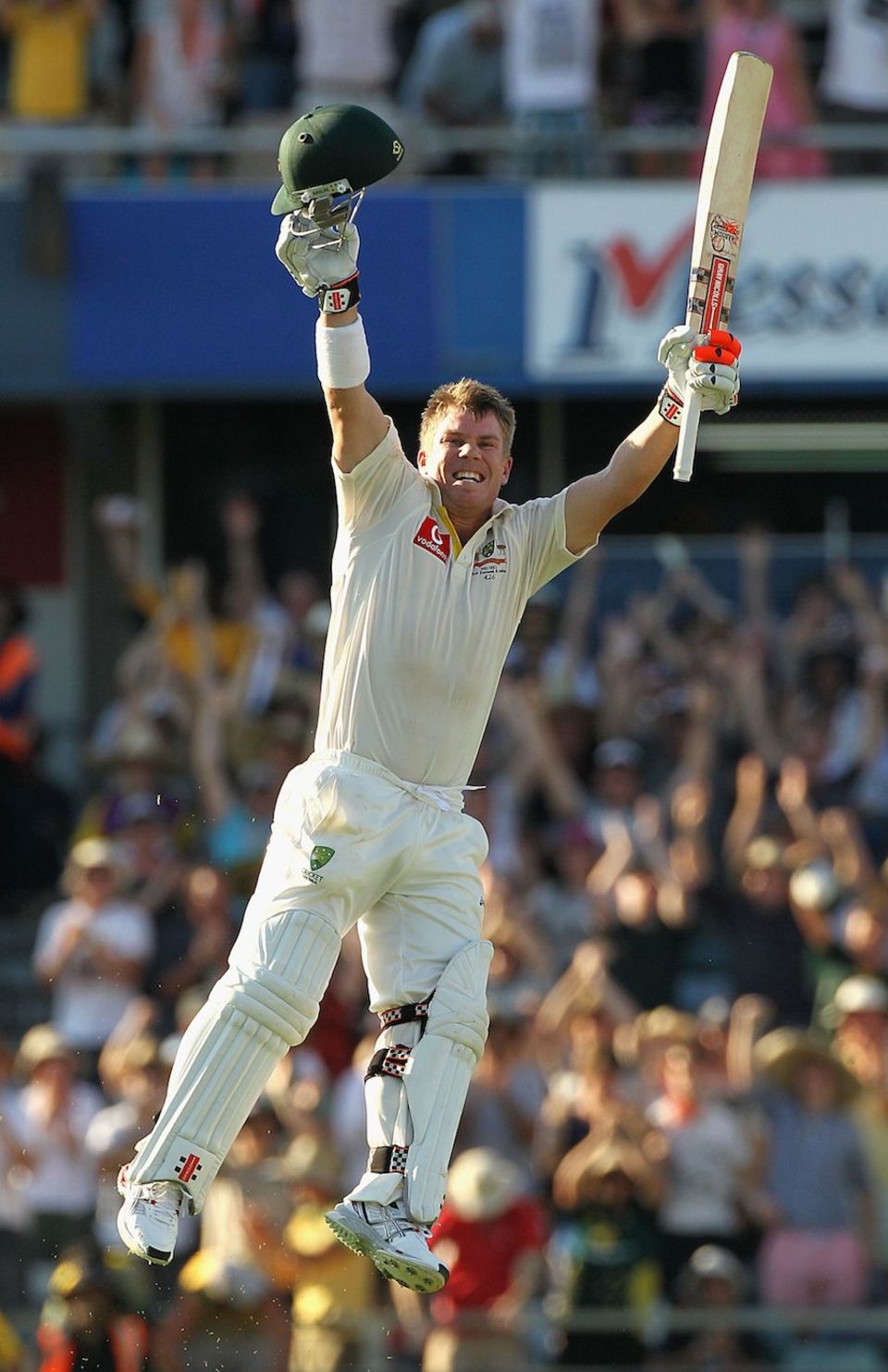 David Warner celebrates the fourth quickest century in Tests, against India in 2012