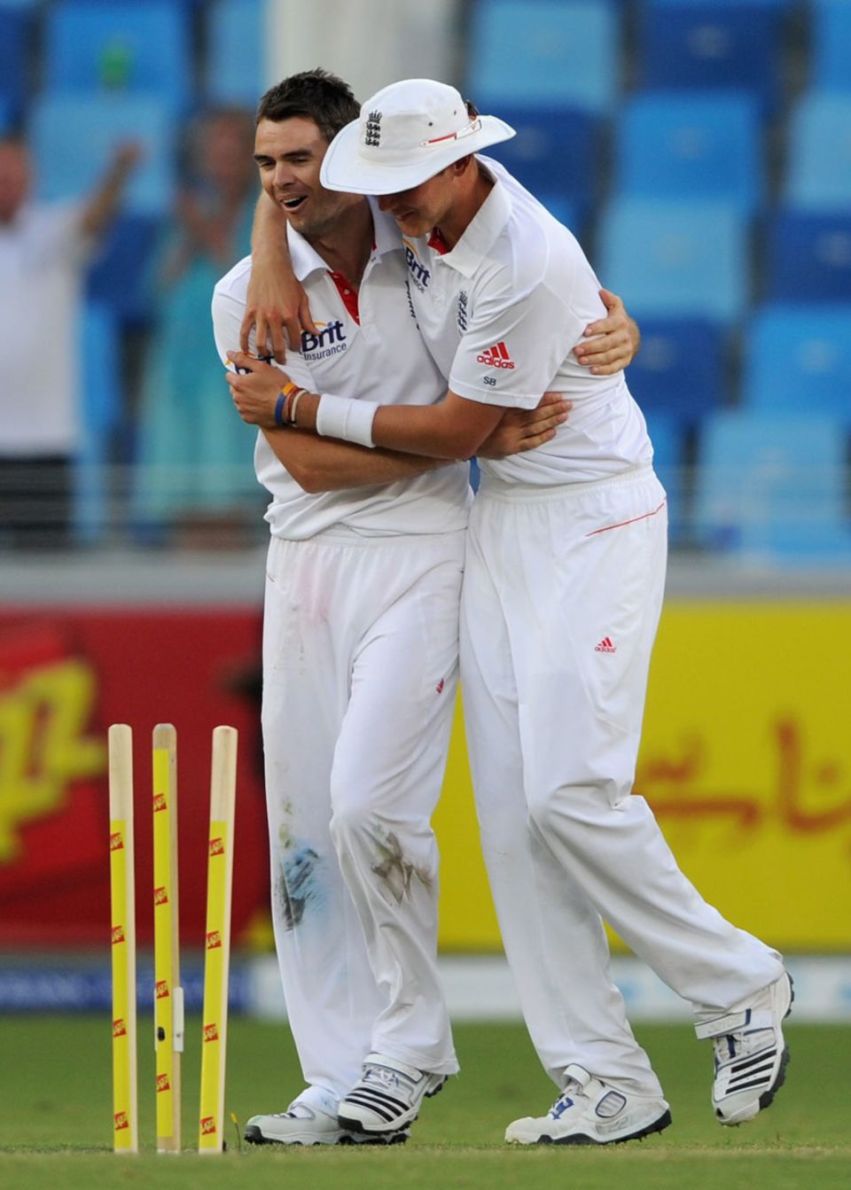 James Anderson and Stuart Broad celebrate England's fightback late in the day