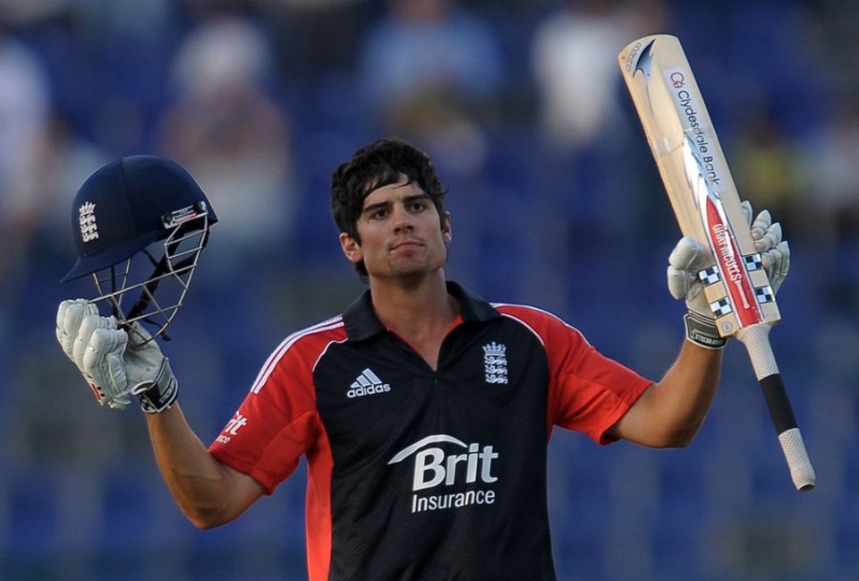 Alastair Cook celebrates one of his hundreds against Pakistan in 2012, during his peak as a one-day batsman
