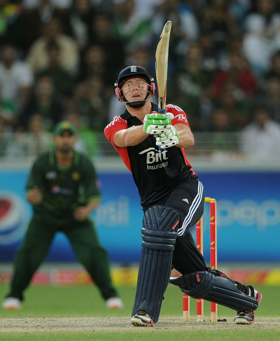 Jonny Bairstow lofts over the leg side during his crucial innings