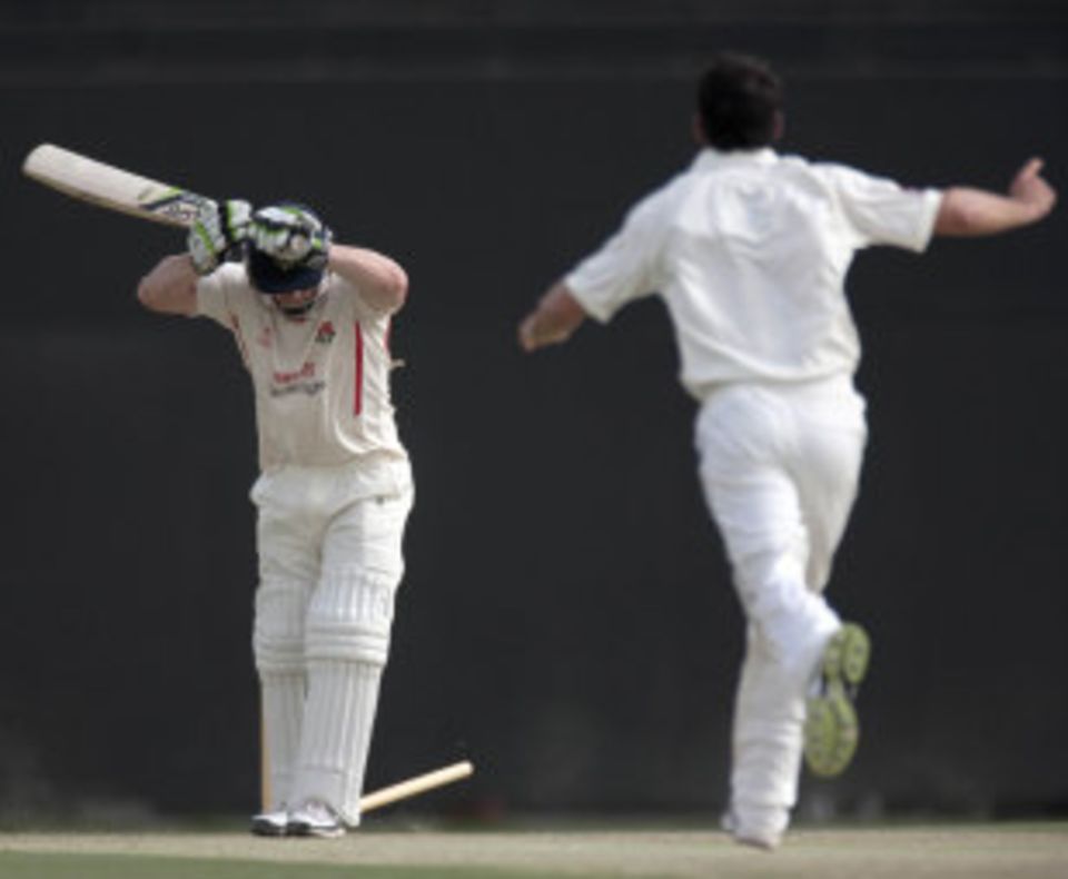 Steven Croft is bowled by Lewis Gregory as Lancashire are bowled out for 199