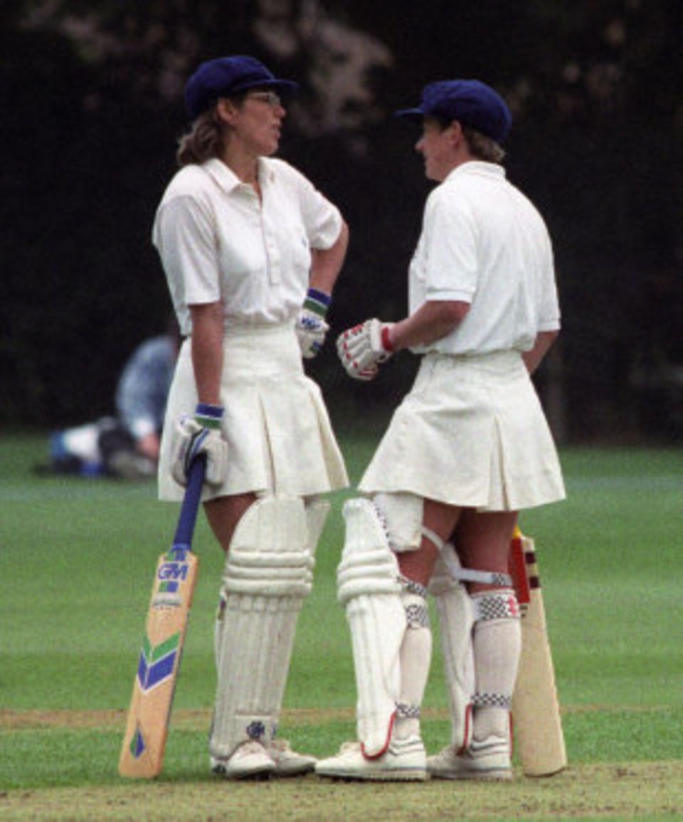 England's Carole Hodges and Jan Brittin bat in the World Cup in 1993