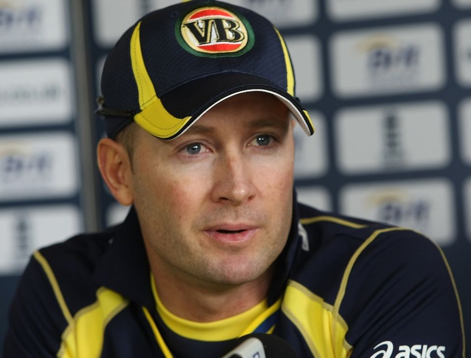 Michael Clarke speaks to reporters at Grace Road