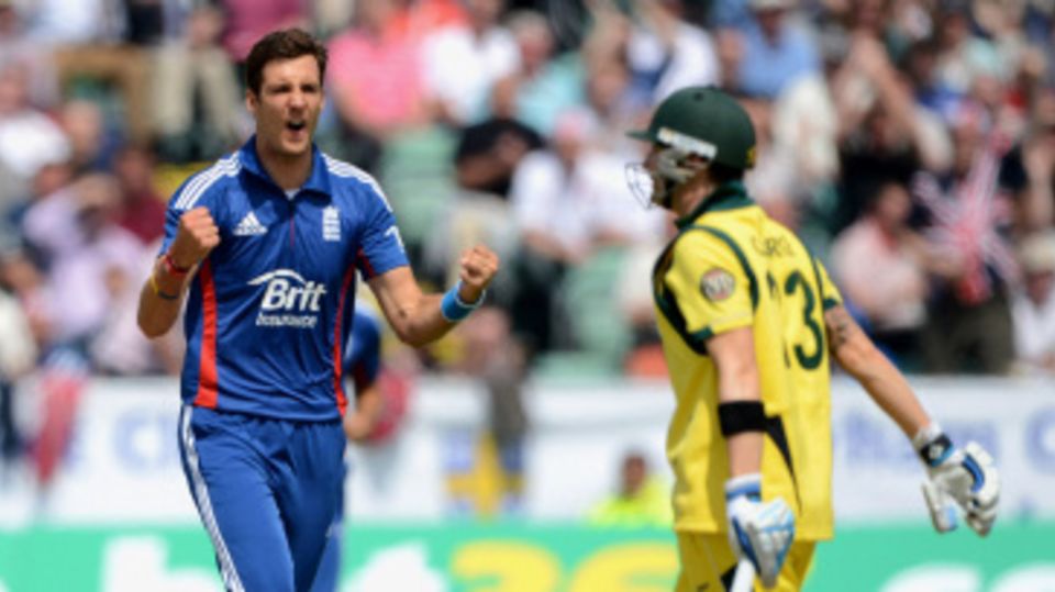 Steven Finn is overjoyed after getting the wicket of Michael Clarke