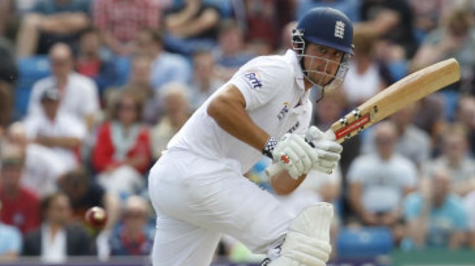 Alastair Cook plays into the leg side at the start of England's reply