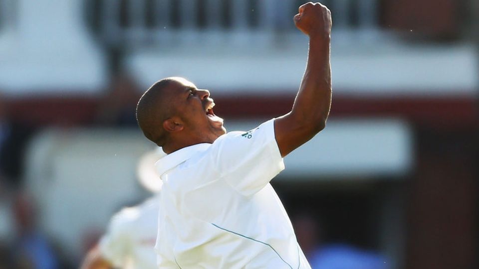 Vernon Philander celebrates the wicket of Ian Bell