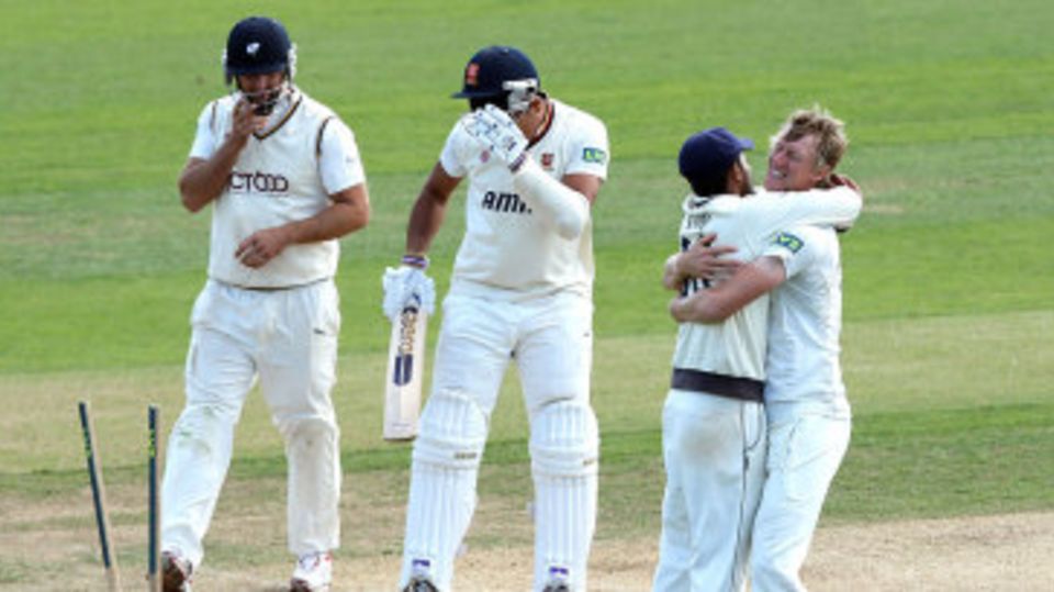 Steve Patterson celebrates after the final wicket