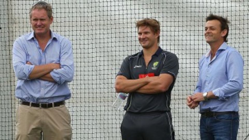 Tom Moody, Shane Watson and Adam Gilchrist at a training session