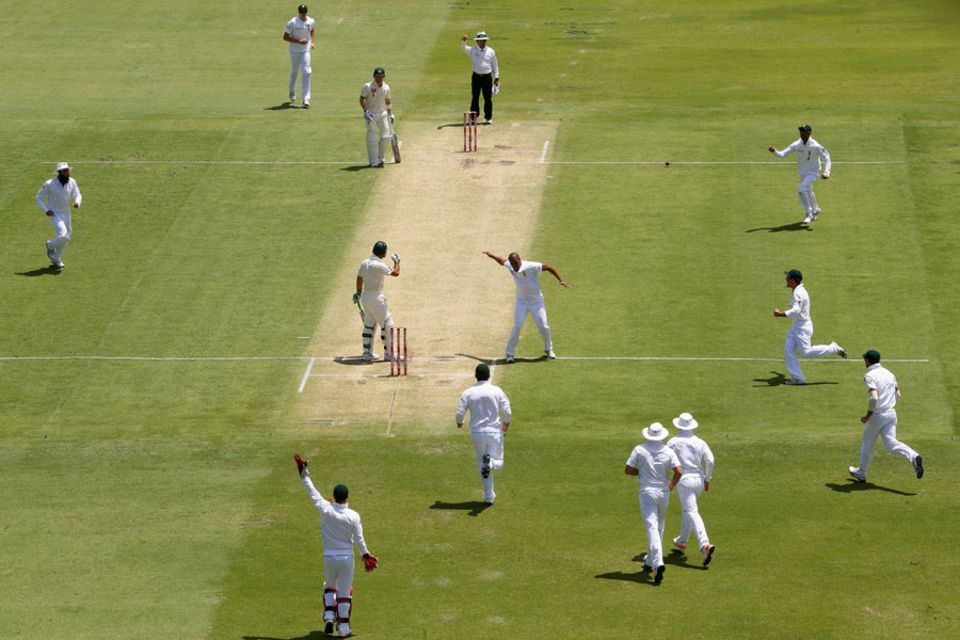 The South African's rush towards Vernon Philander after Ricky Ponting falls at the WACA, in 2012