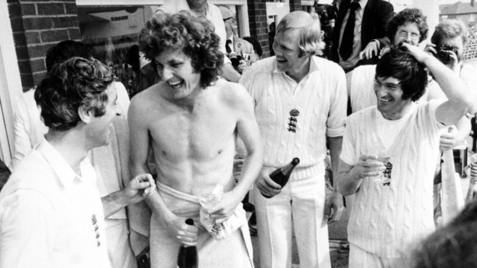 Mike Brearley, Bob Willis, Tony Greig and Alan Knott celebrate England's Ashes win