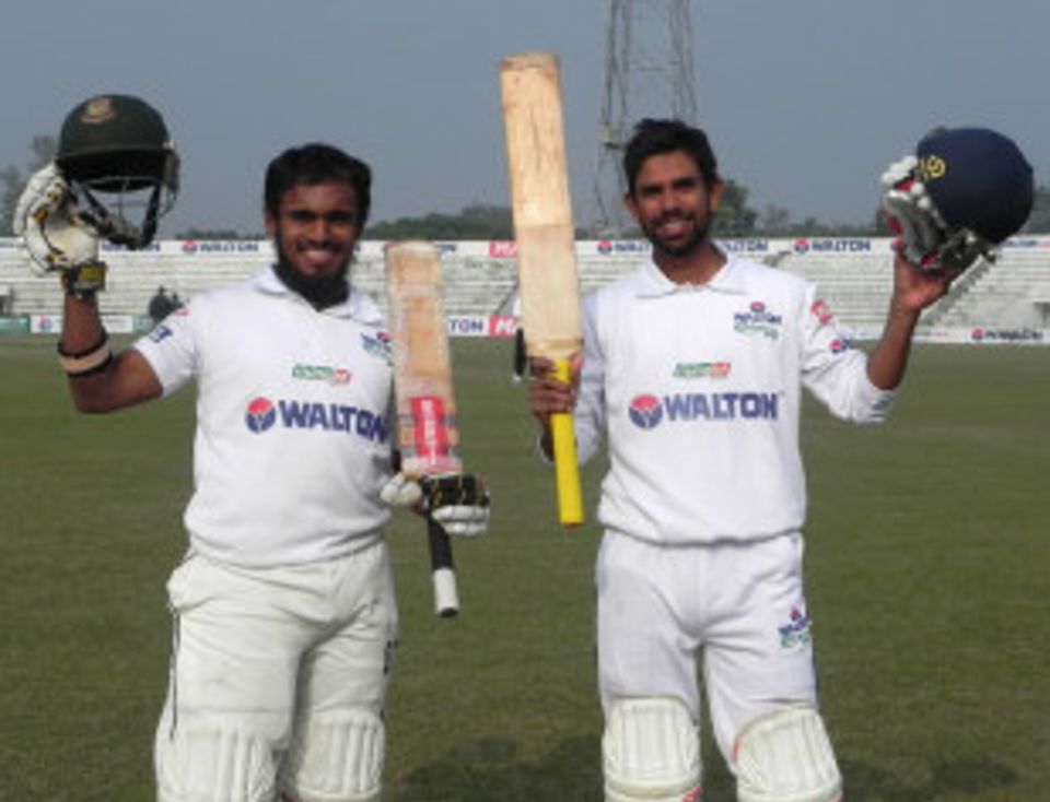 Mehrab Hossain jnr (left) and Marshall Ayub, having broken the Bangladesh record for the highest partnership, will have the chance to go for more on the third day