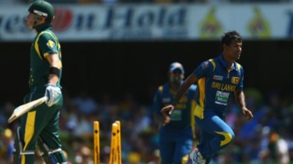 Nuwan Kulasekara celebrates after bowling Michael Clarke