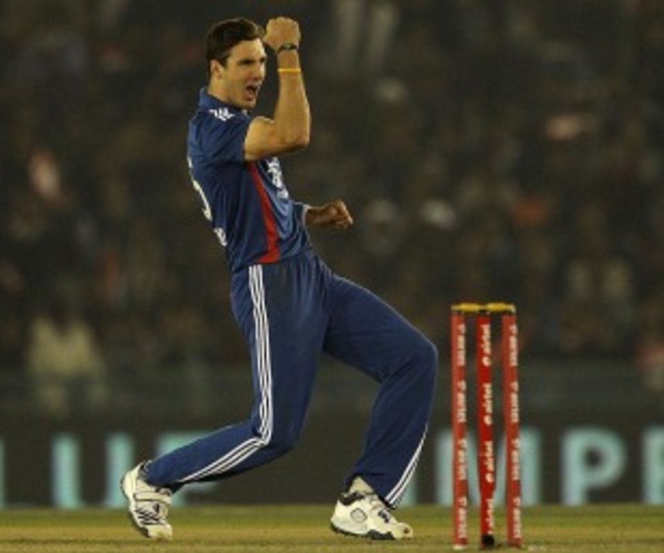 Steven Finn celebrated Rohit Sharma's wicket but was less happy a few moments later